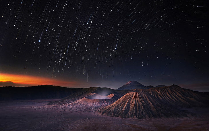 shooting star, landscape, Mount Bromo, long exposure, Milky Way, crater, volcano, Indonesia, star trails, HD wallpaper