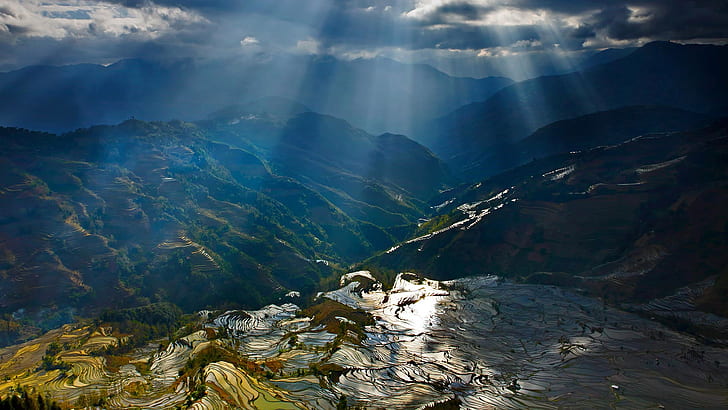 Yuanyang terrasses, montagnes, rayons de soleil, rizières, campagne de Chine, montagnes vertes, Yuanyang, terrasses, montagnes, soleil, rayons, riz, champs, Chine, campagne, Fond d'écran HD