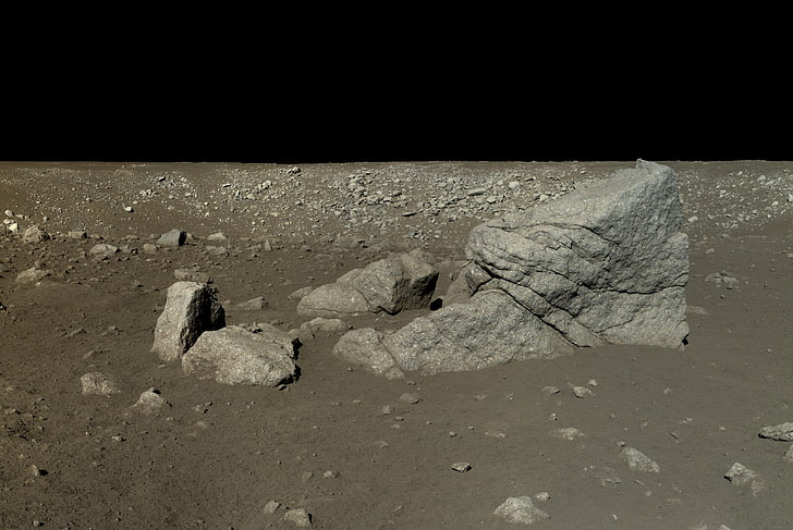 fragmen batu beton abu-abu, Loong Rock, Moon, space, Chang'e 3, Mare Imbrium, landscape, Wallpaper HD