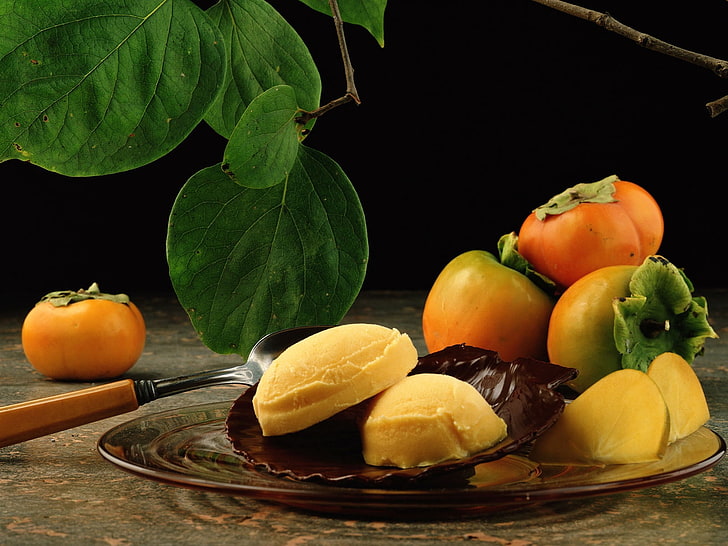 assorted fruits on plate, persimmon, fruit, plate, HD wallpaper