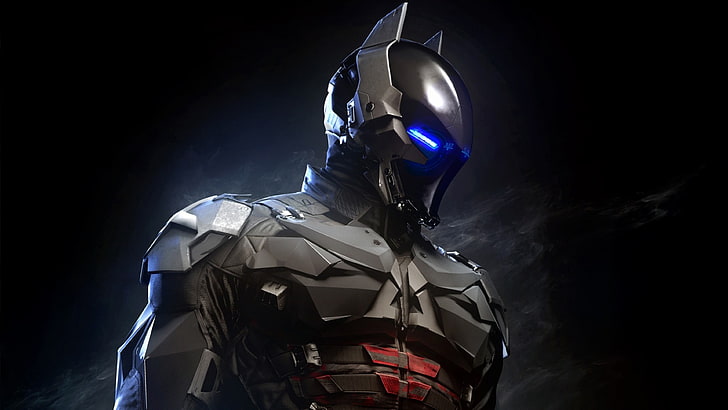 Gepanzerte Batman-Tapete, Person im schwarzen Metallanzug mit LED-Helm, Batman: Arkham Knight, Rocksteady Studios, Batman, Gotham City, Videospiele, HD-Hintergrundbild