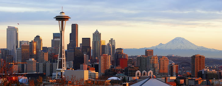 ciudad, paisaje, Seattle, Monte Rainier, Fondo de pantalla HD