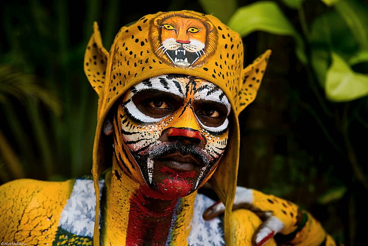 Tiger Man, pintura de cuerpo de hombre tigre, tigre, onam, amarillo, bailarín, negro, malayalam, divertido, kerala, lindo, hermoso, vestido elegante, oscuro, Fondo de pantalla HD