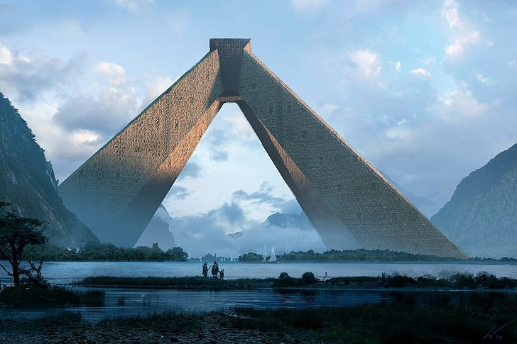 pirâmide de concreto marrom, arte da fantasia, obras de arte, ficção científica, HD papel de parede