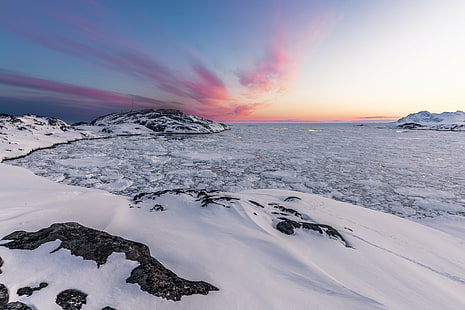 white snowfield mountain with orange sky long exposure photography, Pack ice, sunset, white, snowfield, mountain, orange sky, long exposure photography, arctic  ocean, winter, nature, Kulusuk, landscape, snow, coast, sea, cold, Sermersooq, GL, evening, Canon  EOS  5D, Greenland, rocks, ice, scenics, outdoors, HD wallpaper HD wallpaper