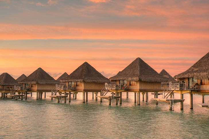 native village on body of water during daytime, bora bora, bora bora, Intercontinental, Bora Bora, Sunrise, native, village, body of water, daytime, Over  Water, HDR, vacations, sea, beach, tropical Climate, tourist Resort, summer, nature, water, travel, travel Destinations, idyllic, hotel, island, bungalow, HD wallpaper