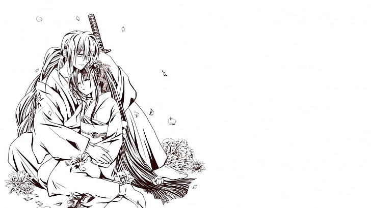 Monochrom, Anime Girls, Blumen, Anime, Himura Kenshin, Katana, Rurouni Kenshin, Anime Boys, HD-Hintergrundbild