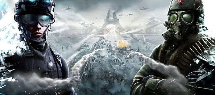 วอลล์เปเปอร์แอปพลิเคชั่นเกมท้องฟ้าไฟสงครามควันระเบิดกองทัพขีปนาวุธแว่นตาทำลายทหารหน้ากากป้องกันแก๊สหมวกกันน็อกอุปกรณ์เครื่องบินโฮโลแกรม Ubisoft Entertainment Vertolety Tom Clancy's EndWar Online หอคอย Altova Bandolier, วอลล์เปเปอร์ HD HD wallpaper