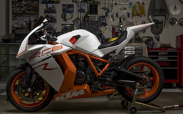 KTM RC8R, белый оранжевый и черный RC8 KTM, спортбайк, гараж, KTM RC8R, дизайн мотоцикла, HD обои