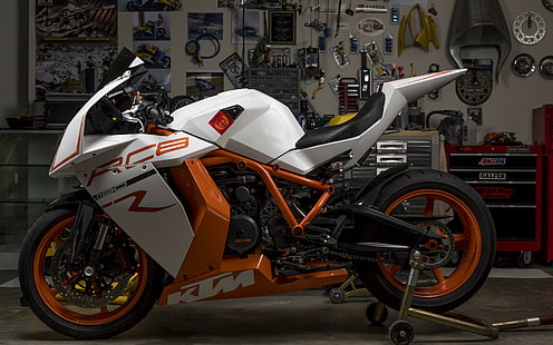 KTM RC8R、ホワイトオレンジとブラックrc8 ktm、スポーツバイク、ガレージ、KTM RC8R、オートバイデザイン、 HDデスクトップの壁紙 HD wallpaper