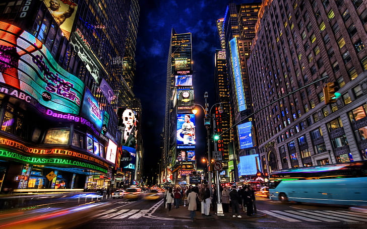 都市景観、道路、HDR、長時間露光、ニューヨーク市、タイムズスクエア、 HDデスクトップの壁紙