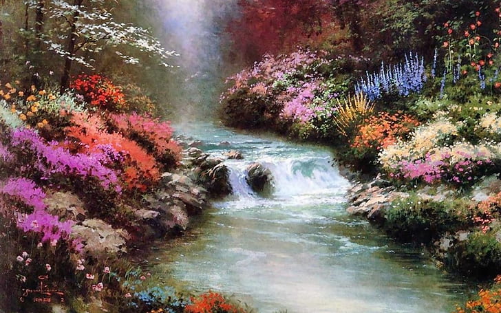 spring stream waterfall Abstract colorful colors flowers nature rivers HD, nature, abstract, flowers, colorful, colors, waterfall, stream, spring, rivers, HD wallpaper