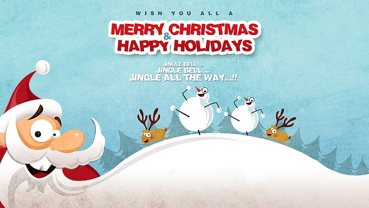 Merry Christmas & Happy Holidays poster, winter, snow, holiday, new year, Christmas, snowman, beard, Santa Claus, deer, merry christmas, jingle bell, HD wallpaper