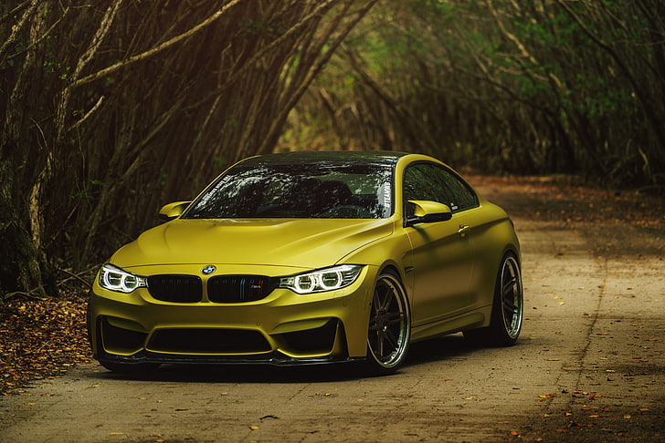 marrón BMW coupe, BMW, BMW M4, Austin Yellow, BMW M4 Coupe Austin Yellow, Fondo de pantalla HD