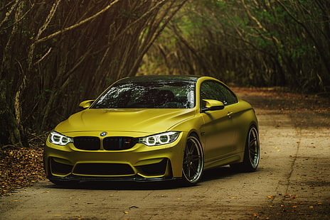 marrón BMW coupe, BMW, BMW M4, Austin Yellow, BMW M4 Coupe Austin Yellow, Fondo de pantalla HD HD wallpaper