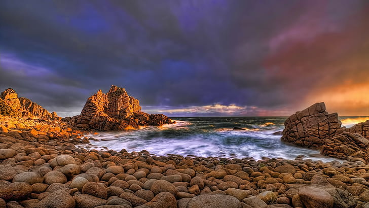 costa, piedras, mar, nubes, Fondo de pantalla HD