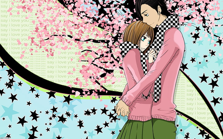 Fondo de pantalla digital de dos personajes de anime, di te amo, yamato kurosawa, mei tachibana, chico, chica, abrazo, primavera, ternura, Fondo de pantalla HD
