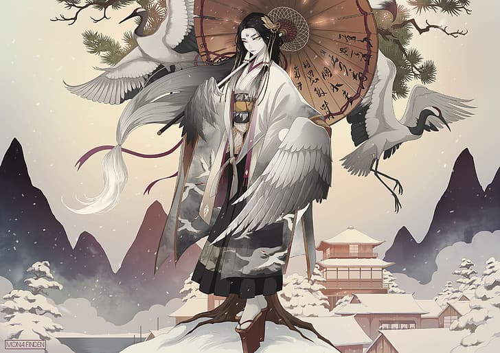 Anime, Anime Girls, japanischer Kimono, Kimono, Flügel, asiatische Architektur, Schnee, Winter, Berge, Kraniche, schwarze Haare, gelbe Augen, lange Haare, Regenschirm, Bäume, HD-Hintergrundbild
