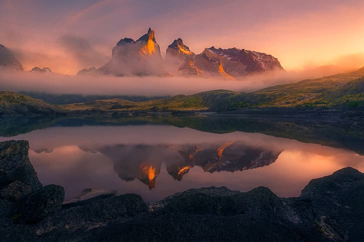 mountains, fog, lake, morning, Andes, Patagonia, HD wallpaper