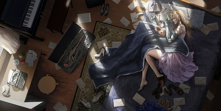 ภาพประกอบของผู้หญิงนอนอยู่บนเตียงอะนิเมะสาวอะนิเมะ Violet Evergarden, วอลล์เปเปอร์ HD