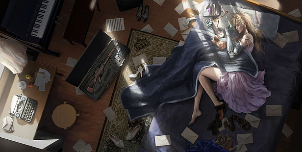 ベッド、アニメ、アニメの女の子、バイオレットエバーガーデンに横たわる女性のイラスト、 HDデスクトップの壁紙 HD wallpaper