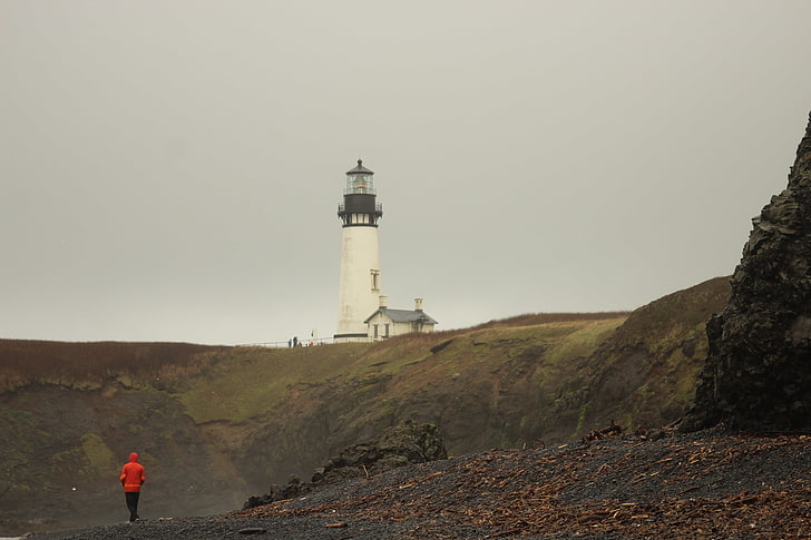 Oregon, coast, west coast, lighthouse, beach, rocks, HD wallpaper
