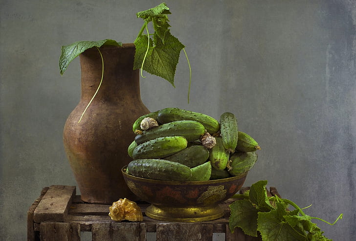 texture, shell, pitcher, still life, cucumbers, vegetable, HD wallpaper