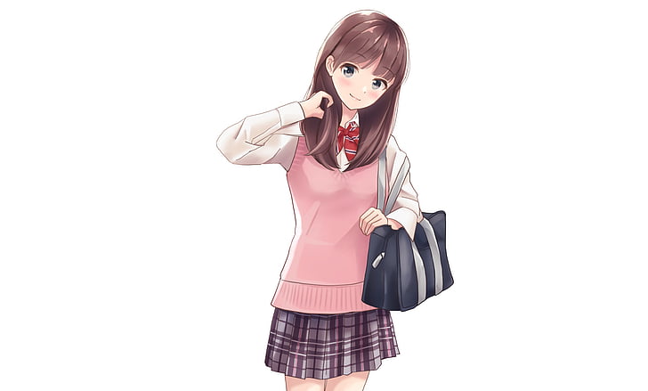 Anime, Original, Bag, Brown Hair, Girl, Original (Anime), School Uniform, Skirt, Smile, HD wallpaper