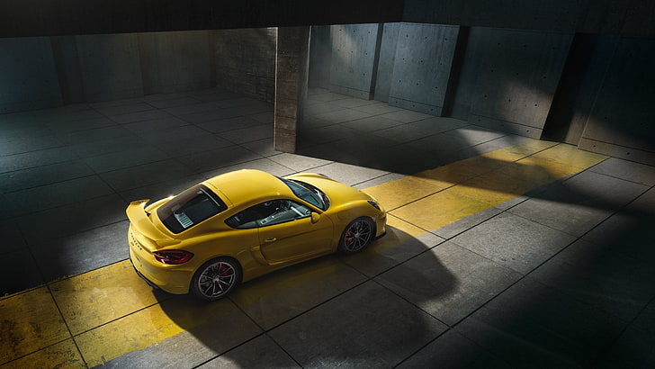 coupe kuning di garasi, mobil, Porsche, Porsche Cayman, Porsche Cayman GT4, mobil kuning, Wallpaper HD