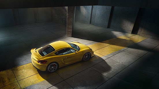 gelbes Coupé in Garage, Auto, Porsche, Porsche Cayman, Porsche Cayman GT4, gelbe Autos, HD-Hintergrundbild HD wallpaper
