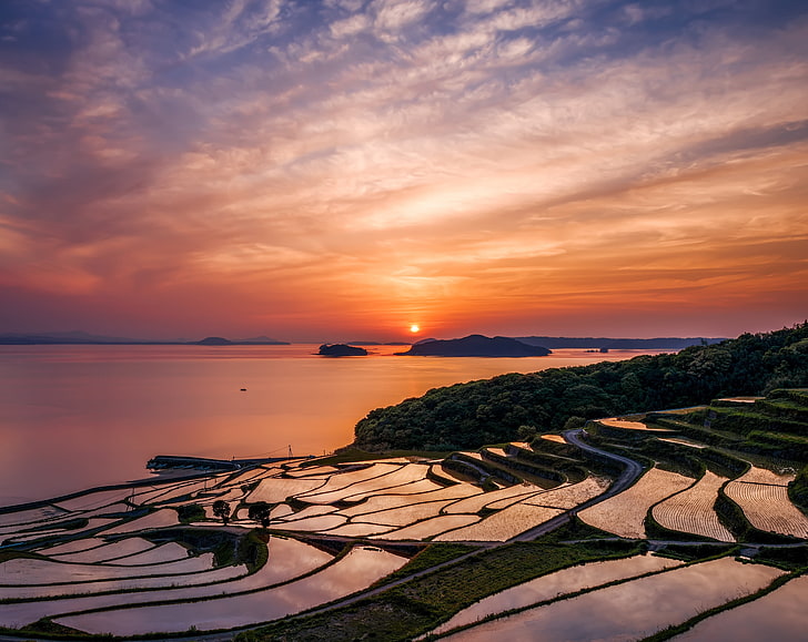 Stunning Sunset, green trees, Asia, Japan, Colorful, Spring, Sunset, Boats, Water, Cloudy, Saga, Fields, Reflection, Rice, terraces, prefecture, kyushu, doya, matsuura, matsuurashi, nagasaki, nagasakiprefecture, planting, riceterraces, tanada, HD wallpaper