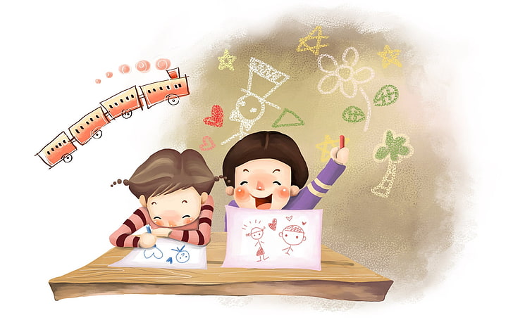 due ragazzi disegna in graffetta, disegno, bambini, infanzia, fantasia, risate, Sfondo HD