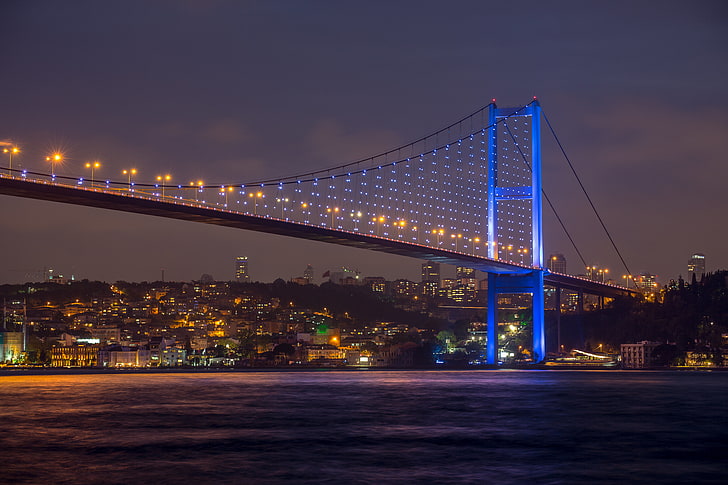 сив окачен мост, град, небе, природа, Истанбул, Турция, красива гледка, Мраморно море, Босфорски мост през нощта, HD тапет