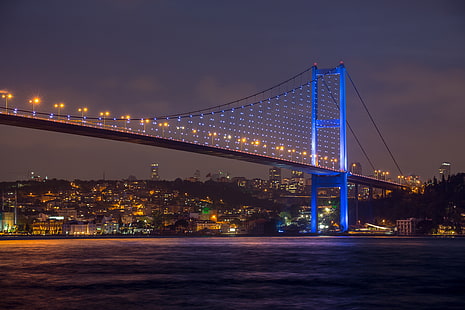 puente colgante gris, ciudad, cielo, naturaleza, Estambul, Turquía, hermosa vista, Mar de Mármara, Puente del Bósforo en la noche, Fondo de pantalla HD HD wallpaper