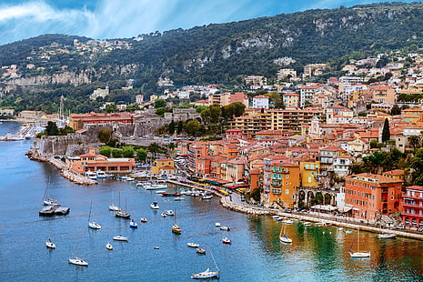 Франция, Ница, море, скали, лодки, дървета, Франция, къщи, яхти, крайбрежие, море, Ница, HD тапет HD wallpaper
