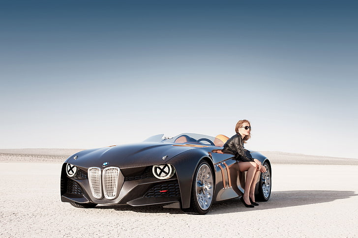 black BMW convertible, Concept, BMW, BACKGROUND, BLONDE, SITTING, Sports CAR, PLAIN, DRIVES, Hommage, CARBON fiber, CONVERTIBLE, SANDS, CASE, CARBON, BMW 328, HD wallpaper