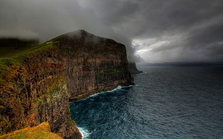 mountain and body of water, nature, landscape, clouds, storm, cliff, sea, coast, Faroe Islands, HD wallpaper