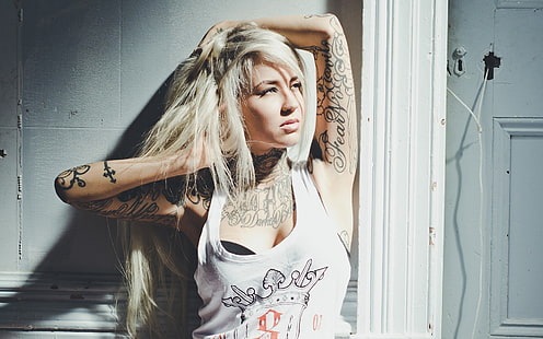 Sara Fabel, platinum blonde, tattoo, women, blonde, HD wallpaper HD wallpaper