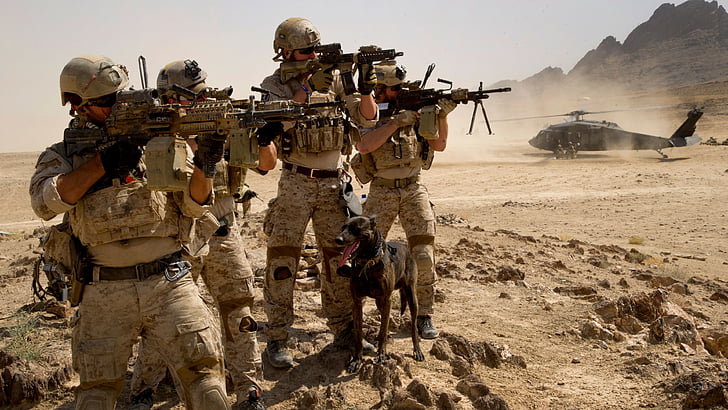 quatre soldats tenant des fusils d'assaut avec des lunettes de visée près de l'hélicoptère gris, armée américaine, fusil M16, Mk 14, soldat, chien, faucon noir, armée, RSTA, camouflage, munitions, champ, Fond d'écran HD