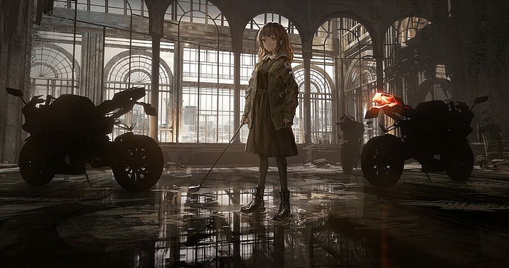 момиче, носещо яке, анимирана илюстрация на героя, THE-LM7, аниме, аниме момичета, сграда, мотоциклет, вода, стоящ, пола, яке, HD тапет