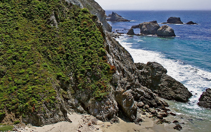 green boulder, rocks, vegetation, greens, coast, sea, HD wallpaper