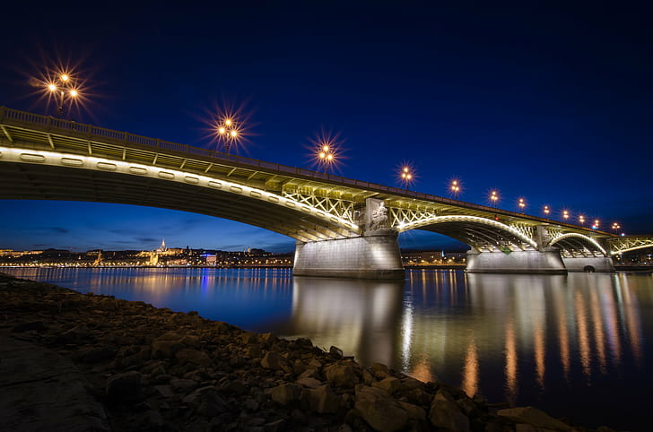 led осветен мост през нощта, мост на маргарет, мост на маргарет, мост на Маргарет, led, нощен час, Будапеща, Дунав, нощни светлини, река, архитектура, банка, син час, Duna, Унгария, нощ, мост, HD тапет