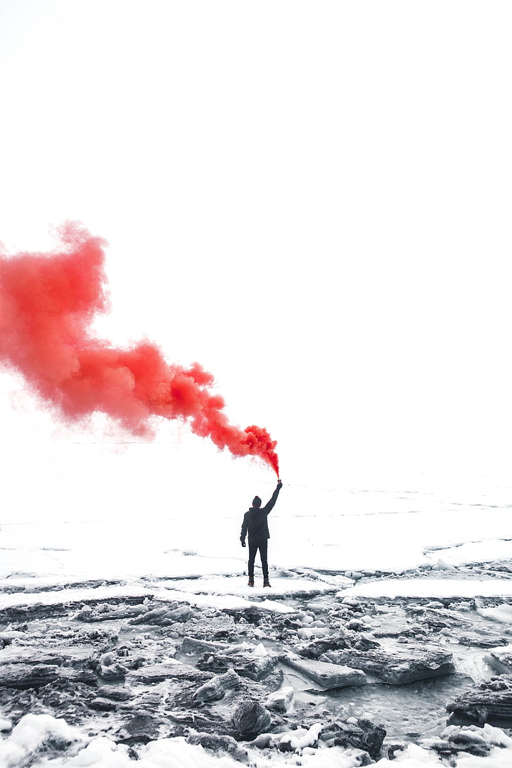 silhouette of person holding smoke bomb, man, smoke, ice floe, snow, kandersteg, switzerland, HD wallpaper