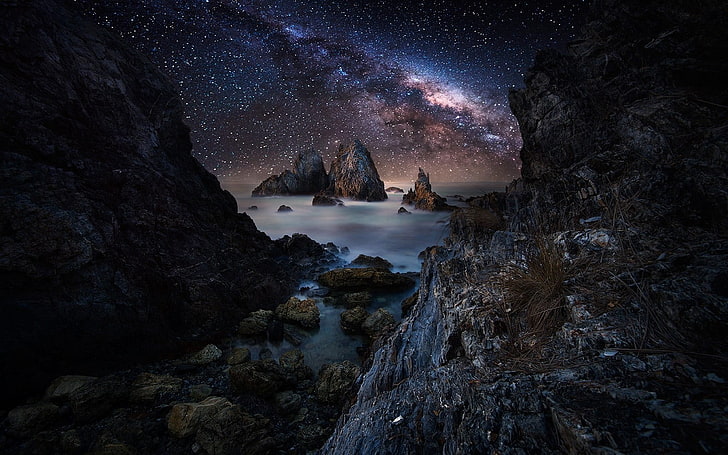 Archway Islands, นิวซีแลนด์, ธรรมชาติ, ภูมิทัศน์, ชายฝั่ง, อุโมงค์, ทะเล, ทางช้างเผือก, ท้องฟ้า, คืนที่ดาว, หิน, การเปิดรับแสงเป็นเวลานาน, น้ำ, วอลล์เปเปอร์ HD