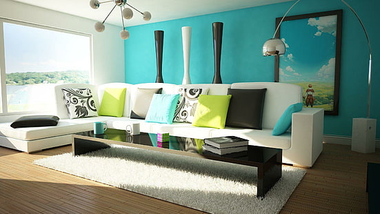 Sala de estar iluminada, juego de sala, fotografía, 1920x1080, lámpara, mesa, sofá, sala de estar, almohada, diseño de interiores, Fondo de pantalla HD HD wallpaper