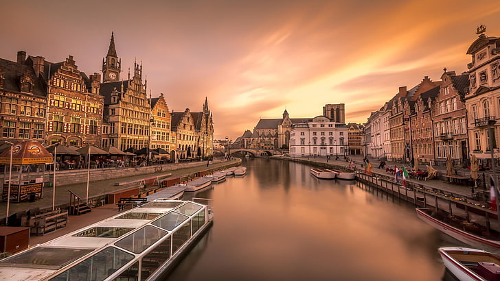 the city, river, home, boats, Europe, Belgium, Ghent, HD wallpaper