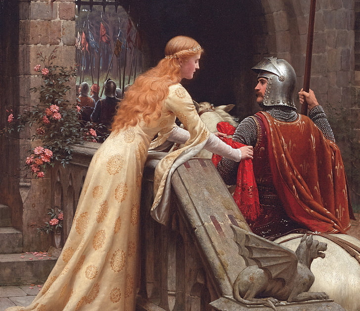 woman holding soldier painting, girl, castle, picture, goodbye, knight, virgin, Middle Ages, maiden, white horse, romanticism, English painter, farewell, English artist, the pre-Raphaelite, сastle, Godspeed, Edmund Blair Leighton, Pre-Raphaelite, Happy journey, The middle ages, God help you, God speed, HD wallpaper
