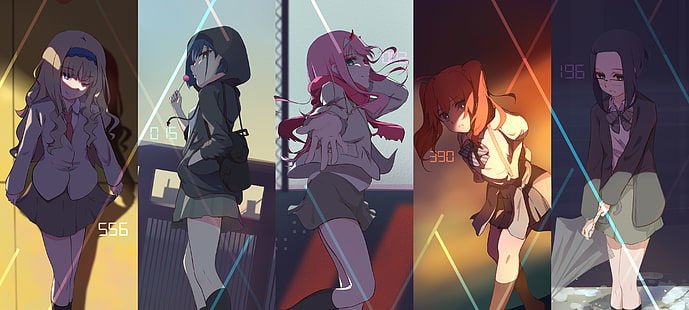 Sayang di FranXX, gadis anime, Zero Two (Sayang di FranXX), Kode: 196 (Ikuno), Ichigo (Sayang di FranXX), Kode: 390 (Miku), Kode: 556 (Kokoro), Wallpaper HD HD wallpaper