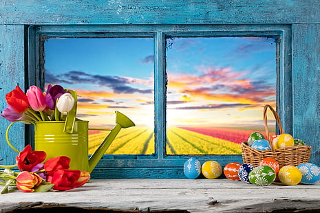 flores, huevos, primavera, ventana, Pascua, tulipanes, decoración, feliz, Fondo de pantalla HD HD wallpaper