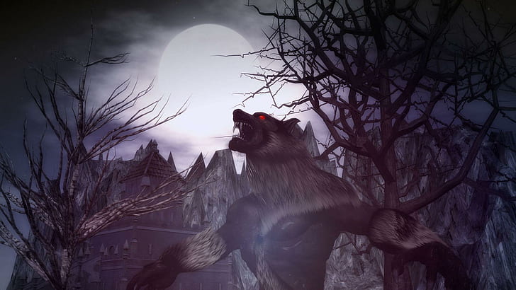 Baying At The Moon, trees, werewolf, castle, moon, night, 3d and abstract, HD wallpaper